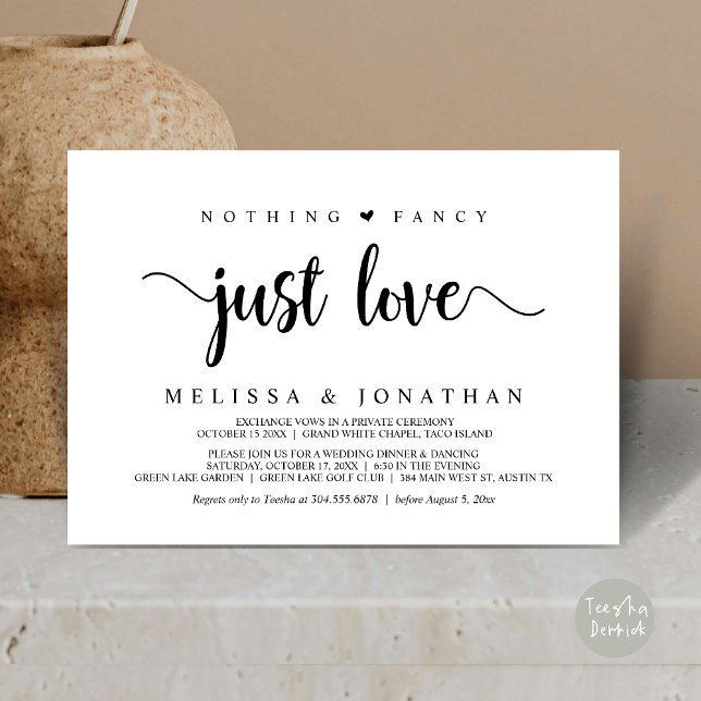 Convites Nada Rico Apenas Amor, Moderno Elopemento De Casam (Nothing Fancy Just Love, Modern Wedding Elopement Invitation Card, Rustic Cottage, PDF, White Black)