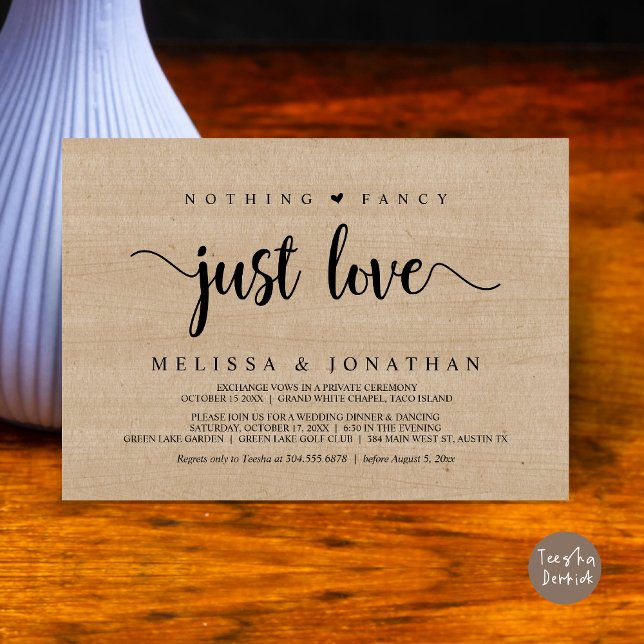 Convites Nada Rico Apenas Amor, Moderno Elopemento De Casam (Nothing Fancy Just Love, Modern Rustic Wedding Elopement Dinner Invitation Card, PDF, Wood Graphic)