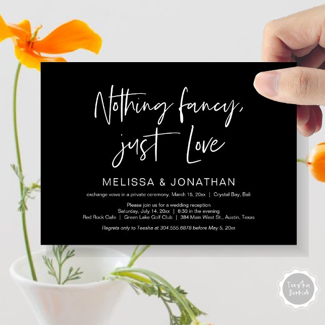 Convites Nada sofisticado, apenas amor, festa de casamento  (Nothing Fancy Just Love, Wedding Elopement Dinner Party Invitation Card, PDF, Modern, Classy Black)