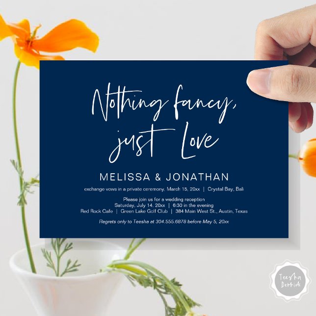 Convites Nada sofisticado, apenas amor, festa de casamento  (Nothing Fancy Just Love, Wedding Elopement Dinner Party Invitation Card, PDF, Modern, Navy Blue)