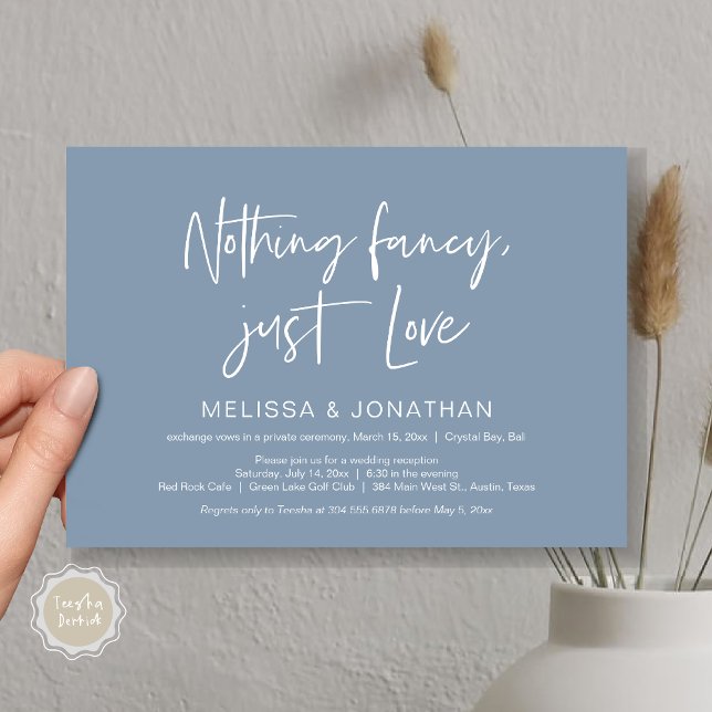 Convites Nada sofisticado, apenas amor, festa de casamento  (Nothing Fancy Just Love, Wedding Elopement Dinner Party Invitation Card, PDF, Modern, Dusty Blue)