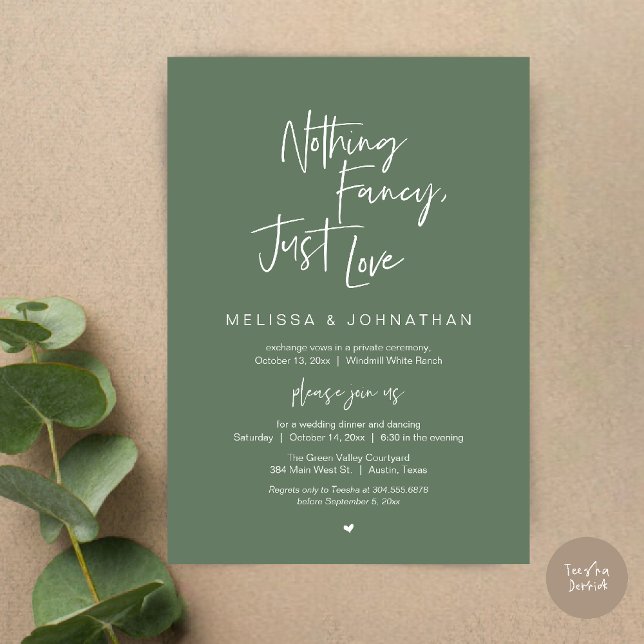 Convites Nada sofisticado, apenas amor, Jantar de Casamento (Nothing Fancy Just Love, Modern Wedding Reception Dinner Lunch Brunch Invites Card in Sage Green)