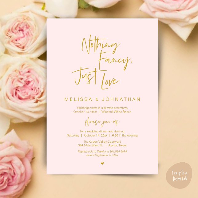 Convites Nada sofisticado, apenas amor, Jantar de Casamento (Nothing Fancy Just Love, Modern Wedding Reception Dinner Lunch Brunch Invites Card Yellow Gold Blush)