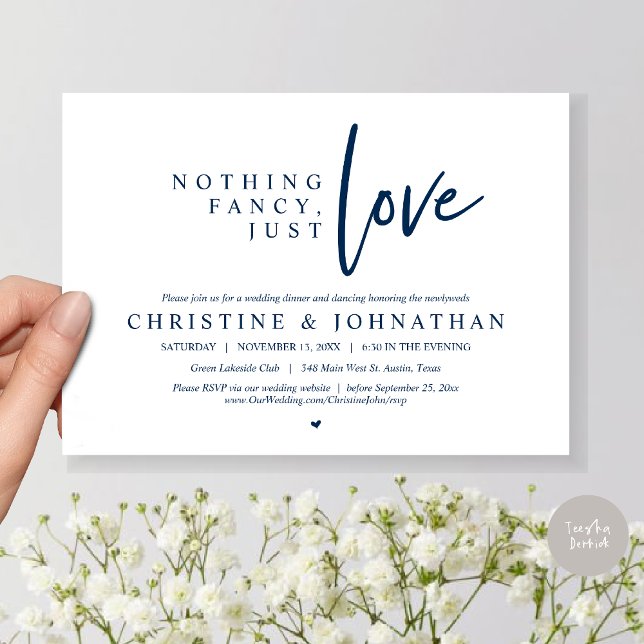 Convites Nada sofisticado, apenas amor, Jantar de Casamento (Nothing Fancy, Just Love, Wedding Elopement Dinner Invitation Card, PDF, in Navy Blue)