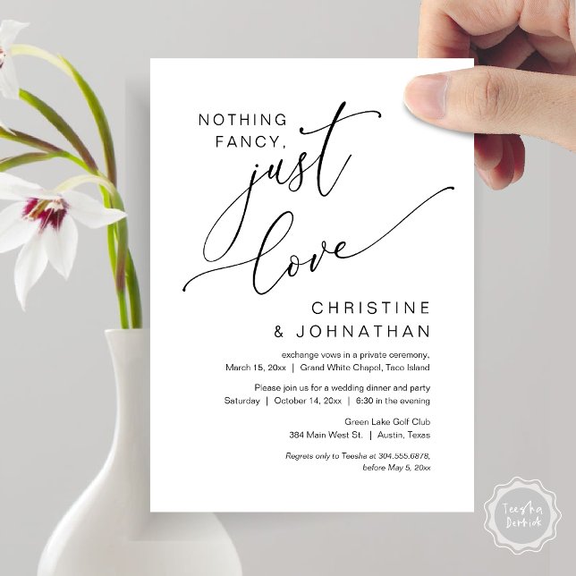 Convites Nada sofisticado, apenas amor, Jantar de casamento (Nothing Fancy, Just Love, Wedding Elopement Dinner Party Invitation Card, PDF, White Black)