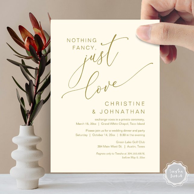 Convites Nada sofisticado, apenas amor, Jantar de Casamento (Nothing Fancy Just Love Wedding Elopement Dinner Party Lunch Brunch Invitation Card PDF, Yellow Gold)