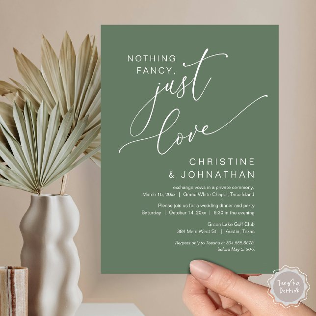 Convites Nada sofisticado, apenas amor, Jantar de Casamento (Nothing Fancy Just Love, Wedding Elopement Dinner Party Invitation Card, PDF, Forest Sage Green)