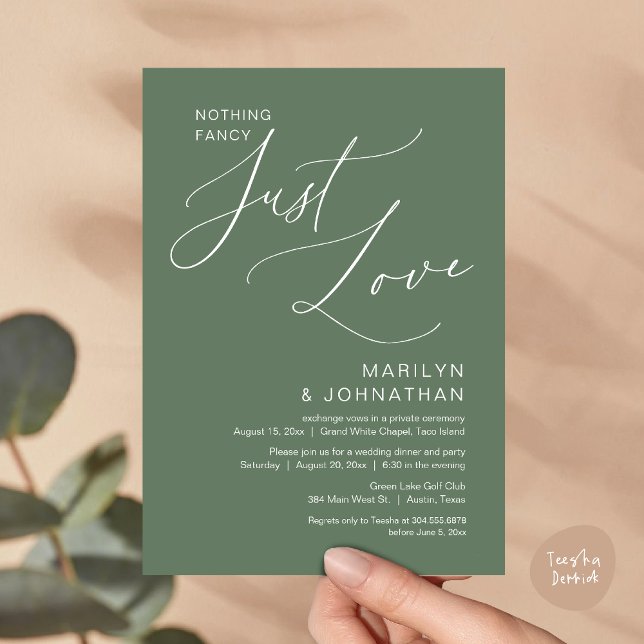 Convites Nada sofisticado, apenas amor, Jantar de casamento (Nothing Fancy, Just Love, Wedding Elopement Dinner Brunch Lunch Party Invites Card PDF, Sage Green)