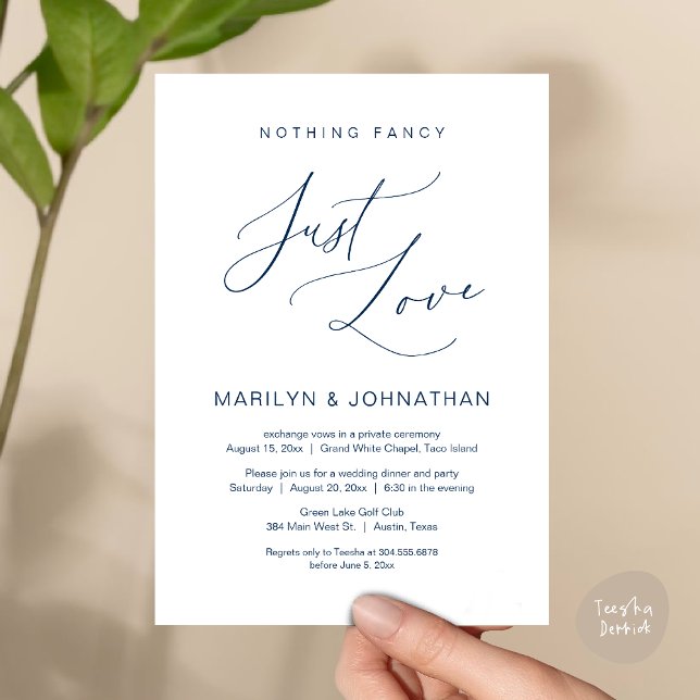 Convites Nada sofisticado, apenas amor, Jantar de casamento (Nothing Fancy, Just Love, Wedding Elopement Dinner Brunch Lunch Party Invites Card PDF, Navy Blue)