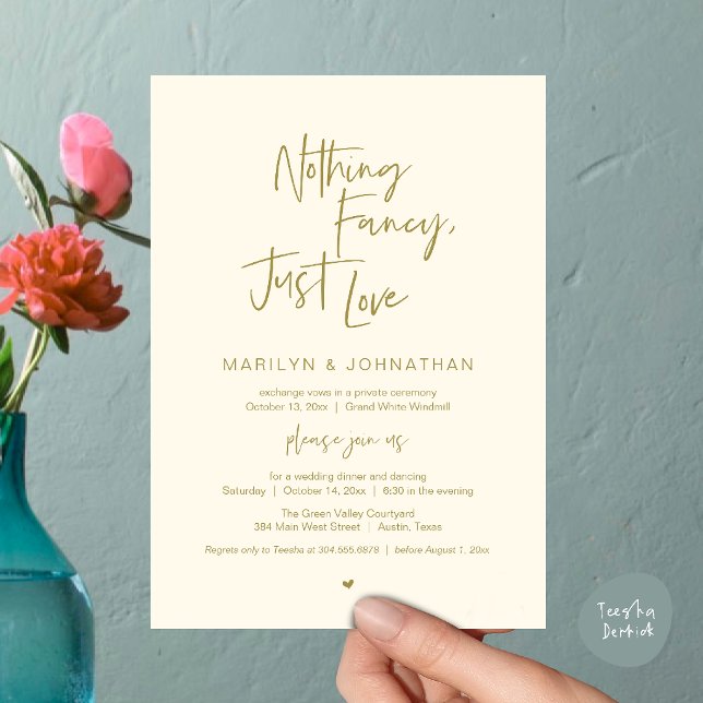 Convites Nada sofisticado, apenas amor, jantar de recepção  (Nothing Fancy Just Love, Modern Reception Dinner Invitation Card in Yellow Gold Ctream)