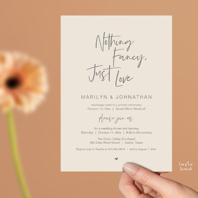 Convites Nada sofisticado, apenas amor, jantar de recepção  (Nothing Fancy Just Love, Modern Reception Dinner Invitation Card in Cream Grey)