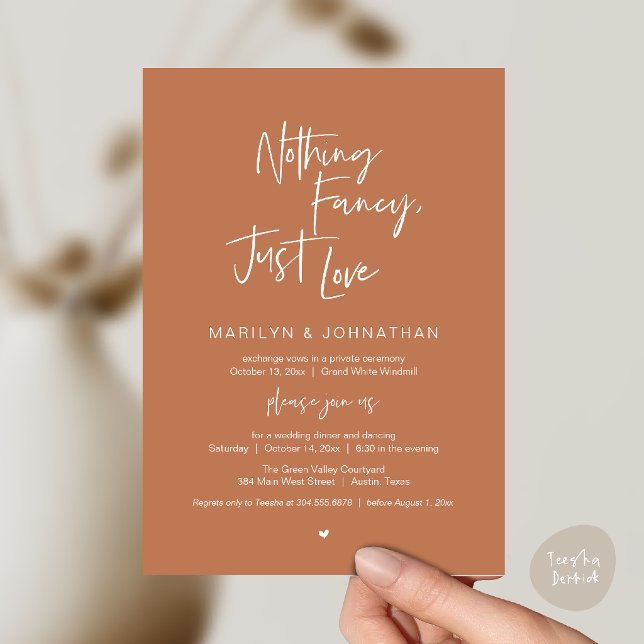 Convites Nada sofisticado, apenas amor, jantar de recepção  (Nothing Fancy Just Love, Modern Reception Dinner Invitation Card in Terracotta Copper Brown)