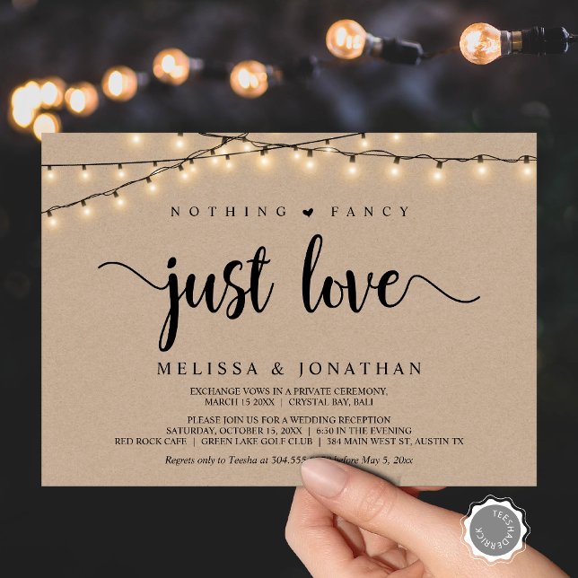 Convites Nada sofisticado, apenas amor, luzes de Natal, cas (Nothing Fancy, Just Love, Wedding Elopement Invitation Card, String Lights Brown Kraft, Downloadable)