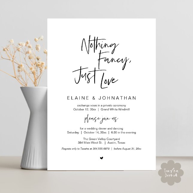 Convites Nada sofisticado, apenas amor Moderno Minimalista  (Nothing Fancy Just Love Modern Minimalist Casual Wedding Dinner Invitation Card in White and Black)
