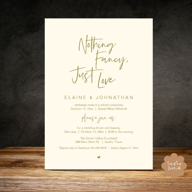 Convites Nada sofisticado, apenas amor Moderno Minimalista  (Nothing Fancy Just Love Modern Minimalist Casual Wedding Dinner Invitation Card in Gold Yellow Cream)