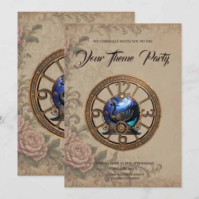 Convites Nadador de galos pretos com relógios e engrenagens (Frente/Verso)