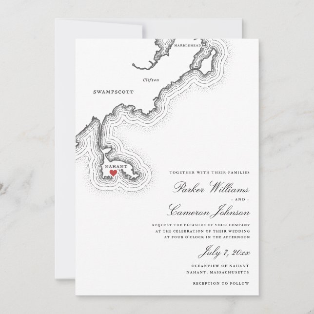 Convites Nahant MÃE Map Elegante Casamento Negro e Branco (Frente)