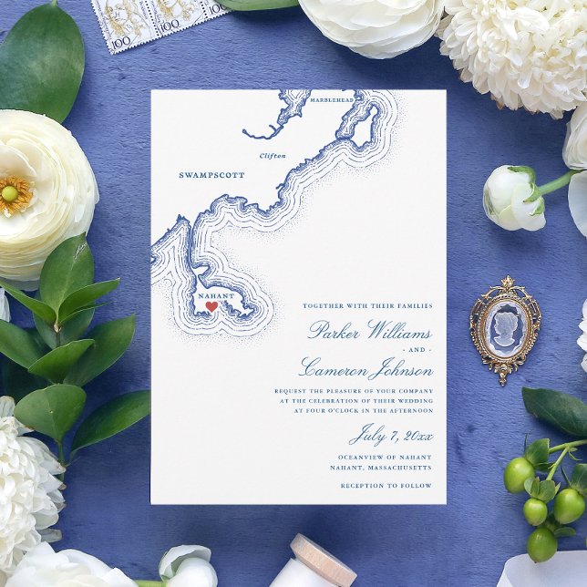 Convites Nahant MÃE Map Elegante Marinho Casamento Azul (Nahant MA Map Wedding Invitation for an elegant Navy Blue New England destination wedding)