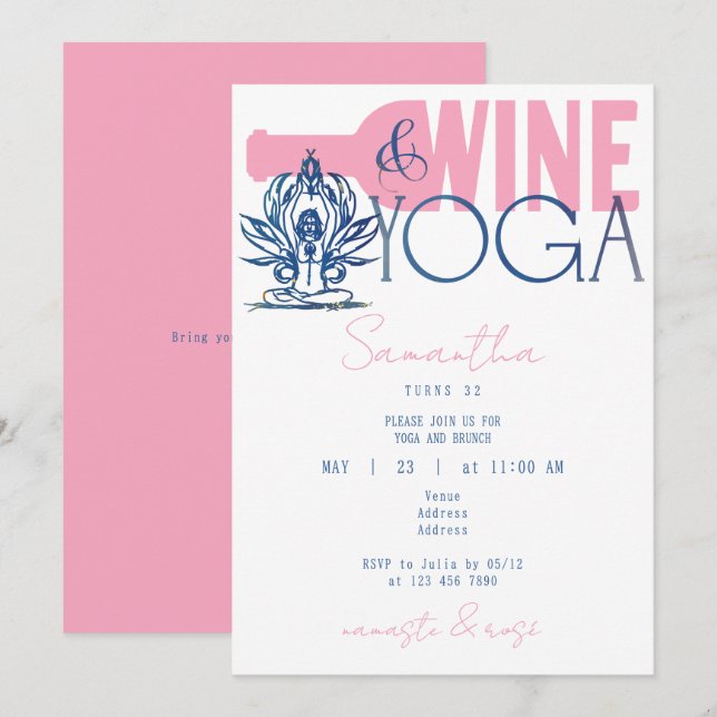 Convites Namaste & Rosa Minimesi Wine & Yoga Brunch Anivers (Frente/Verso)