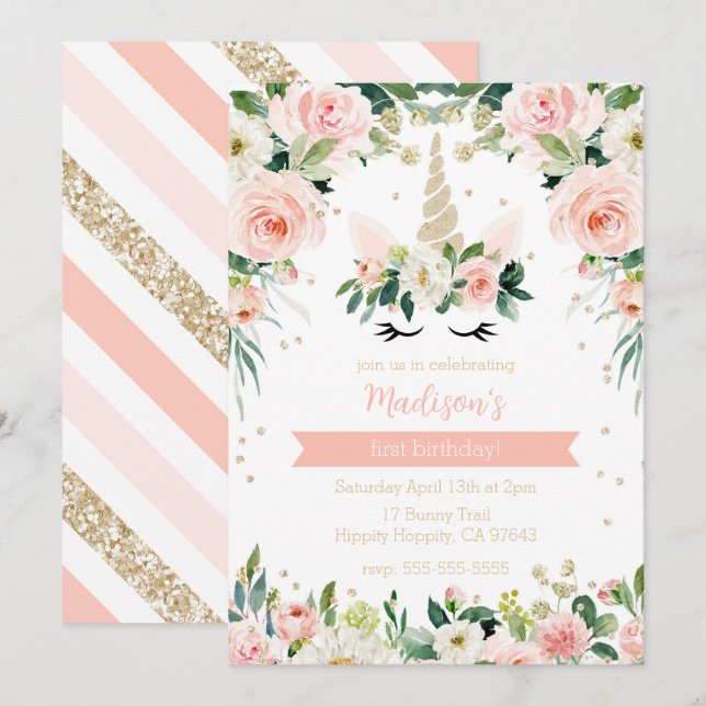 Convites Namorado Rosa Unicorn Girly (Frente/Verso)