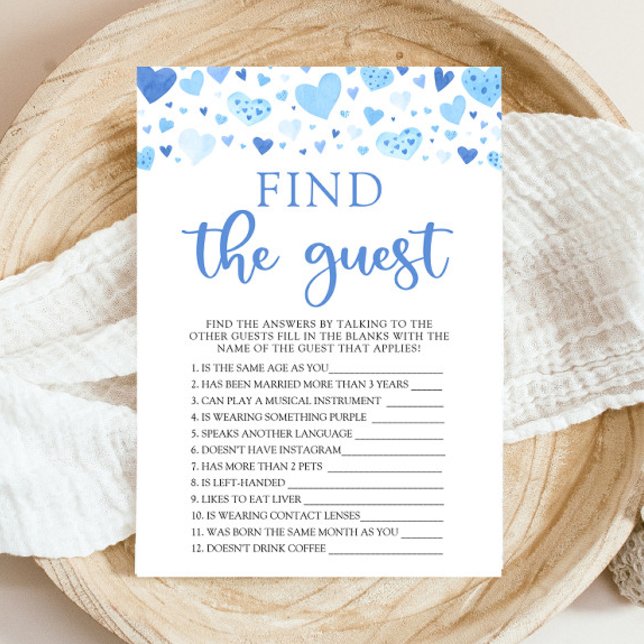 Convites Namorados Azul Encontre O Jogo Do Chá de fraldas C (Watercolor Cute Blue Hearts Valentine Sweetheart February Baby Boy Find The Guest Baby Shower Game)