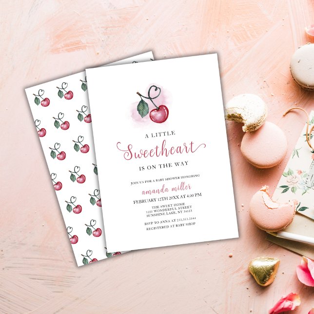 Convites Namorados Cherry Berry Sweetheat Heart Chá de fral (Valentine Cherry Berry Sweetheat Heart Baby Shower Invitation)