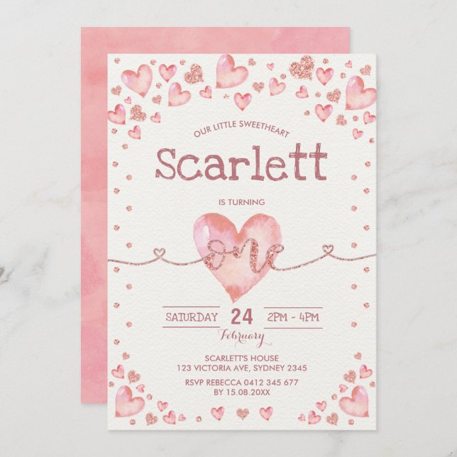 Convites Namorados cor-de-rosa Dourado primeiro aniversario (Frente/Verso)