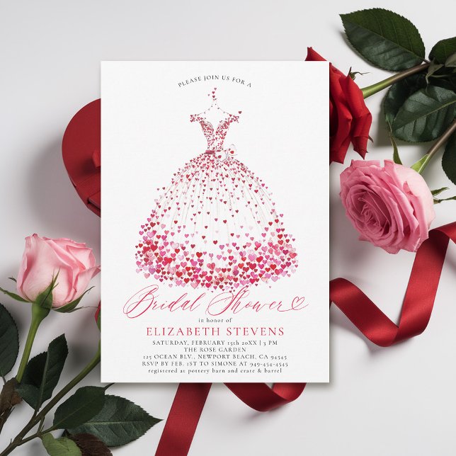 Convites Namorados Coração Vestido Chá de panela Elegante (valentine bridal shower invitations whimsical hearts watercolor elegant dress bow modern minimalist)