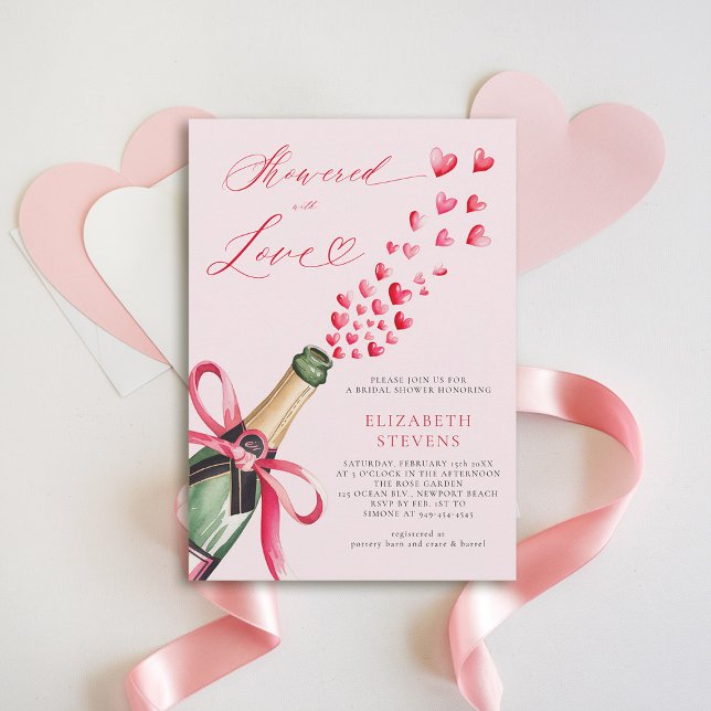 Convites Namorados Corações Polvilhantes Brunch Chá de pane (valentine bridal shower invitation watercolor bubbly hearts bottle showered with love elegant)