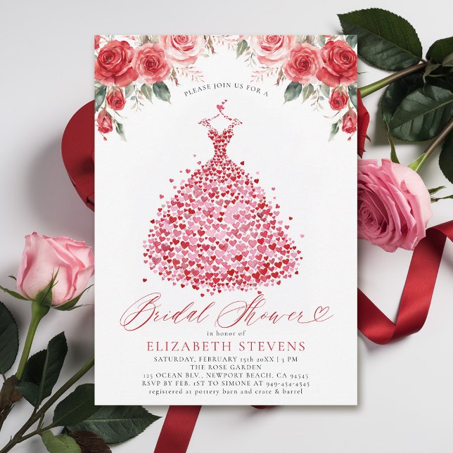 Convites Namorados Corações Rosas vermelhas Chás de panela  (valentine bridal shower invitations whimsical hearts watercolor elegant dress red roses elegant)