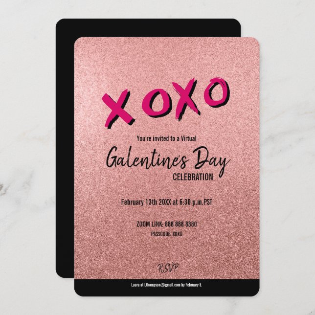 Convites Namorados do Glitter Virtual Galentine Rosa Dourad (Frente/Verso)