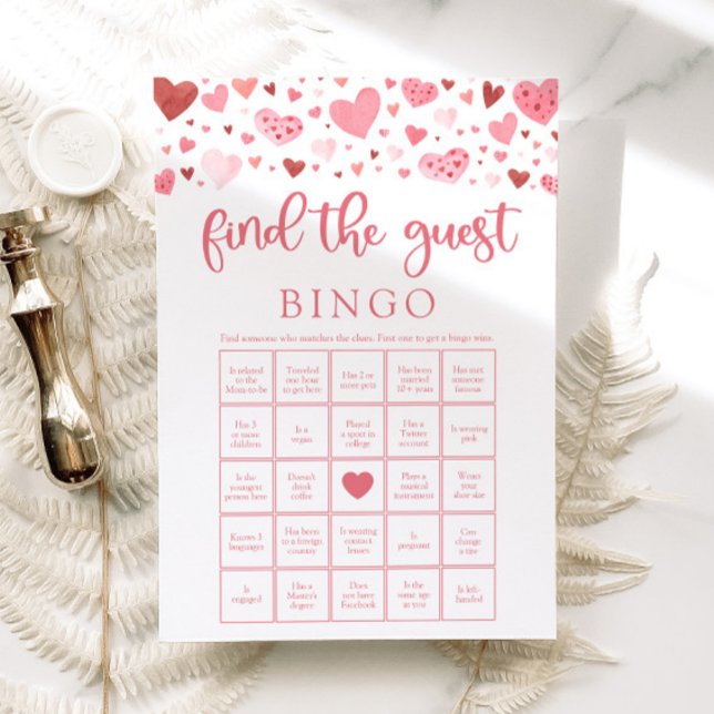 Convites Namorados Encontre o Jogo do Chá de fraldas de Bin (Watercolor Pink Red Hearts Valentine A Little Sweetheart Girl Find the Guest Bingo Baby Shower Game)