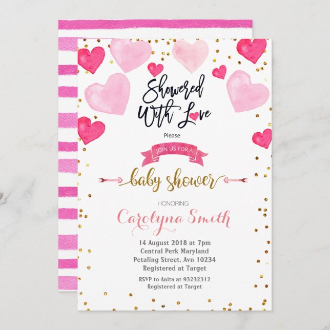 Convites Namorados mostrados com chá de fraldas de amor (Frente/Verso)