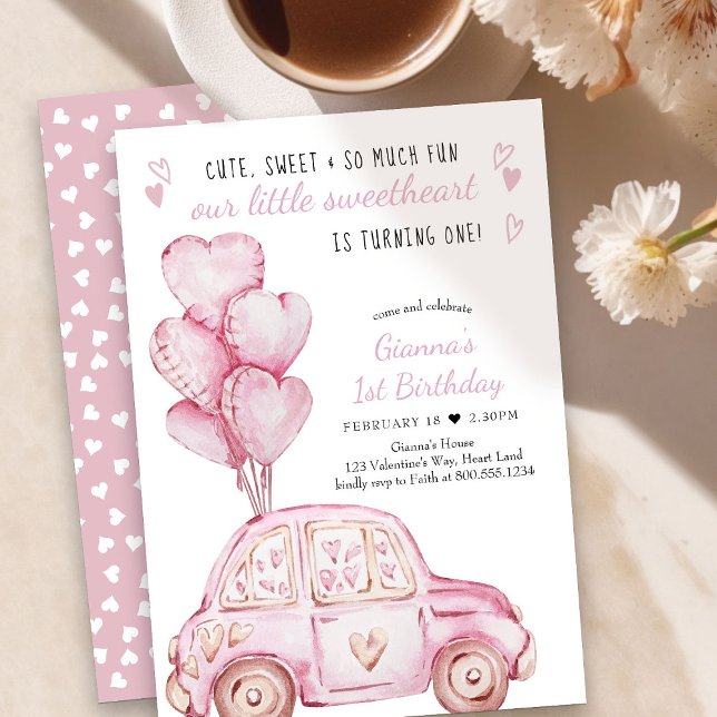 Convites Namorados Swetheart Pink Balloons primeiro anivers (Little Sweetheart 1st Birthday Invitation - order printed or as printable download)