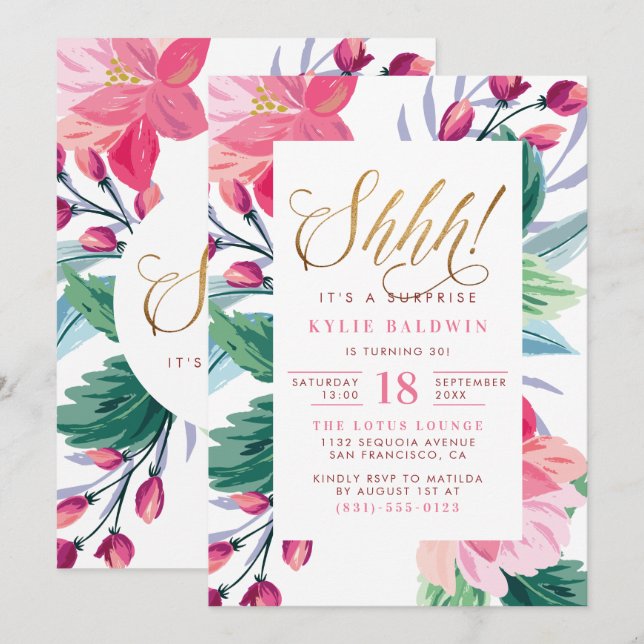 Convites Não! Aniversário da Surpresa Floral do Script Dour (Frente/Verso)