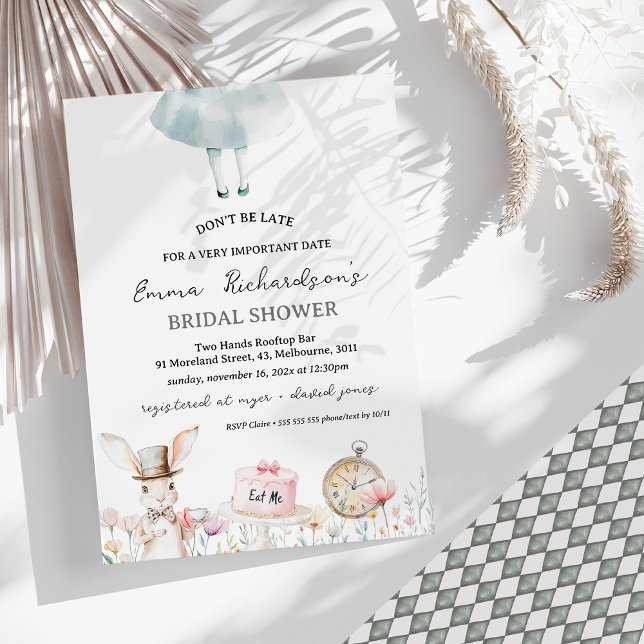 Convites Não se atrase Alice no Chá de panela das Maravilha (Alice in Wonderland Bridal Shower Invitation, Don't be Late For Important Date Bridal Shower Invite)