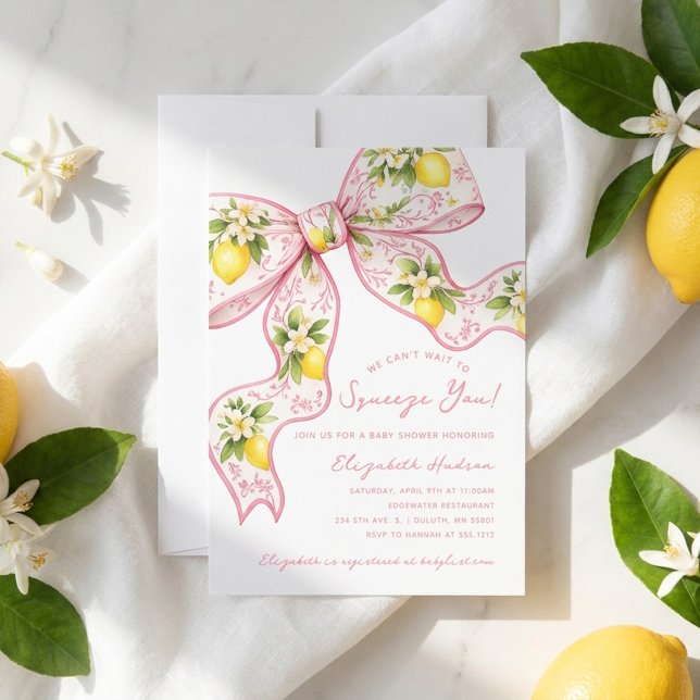 Convites Não Vemos a Hora de Abraçar Você, Chamada de Lemon (We Can't Wait to Squeeze You Lemon Bow Baby Shower Invitation)