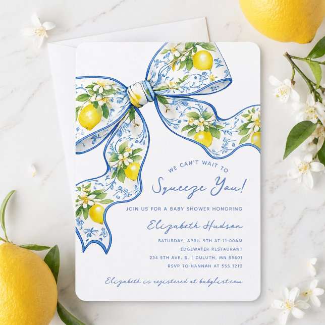 Convites Não Vemos a Hora de Abraçar Você, Chamada de Lemon (We Can't Wait to Squeeze You Lemon Bow Baby Shower Invitation)