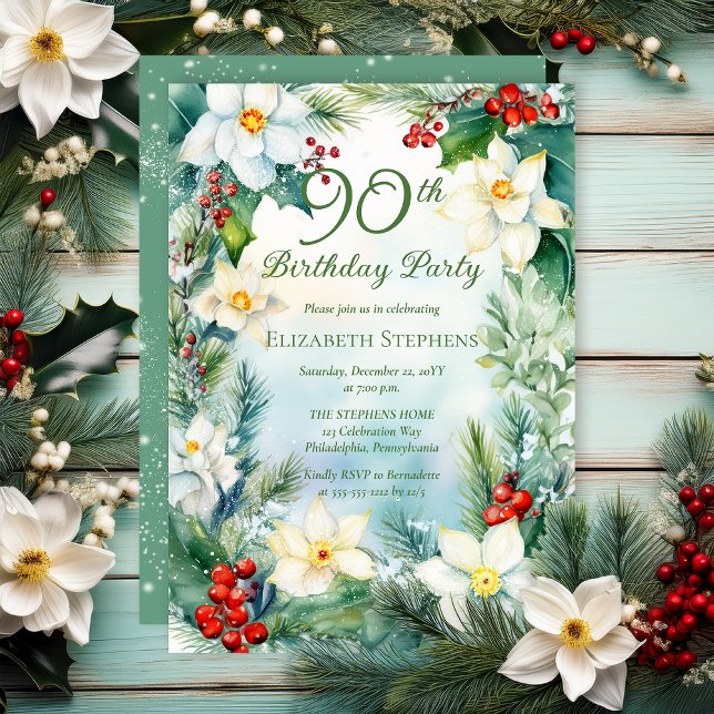 Convites Narcissus | Holly Floral 90th Birthday Party  (Narcissus, Holly and Berries Winter Floral 90th Birthday Party Invitation - Print | Digital)