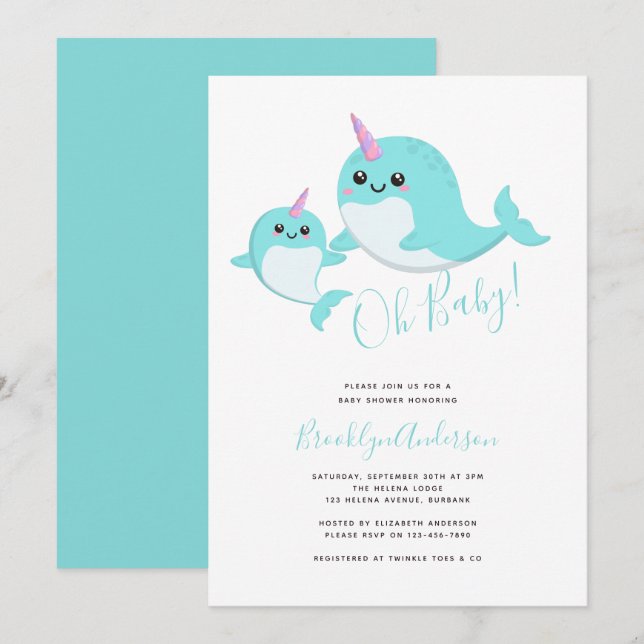 Convites Narwhal Oh Baby Gender Neutral Chá de fraldas (Frente/Verso)