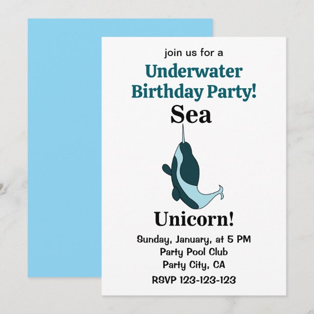 Convites Narwhal Sea Unicorn Underwater Birthday Party (Frente/Verso)