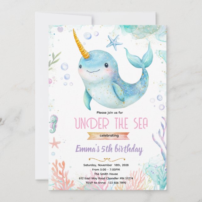 Convites Narwhal theme party invitation (Frente)