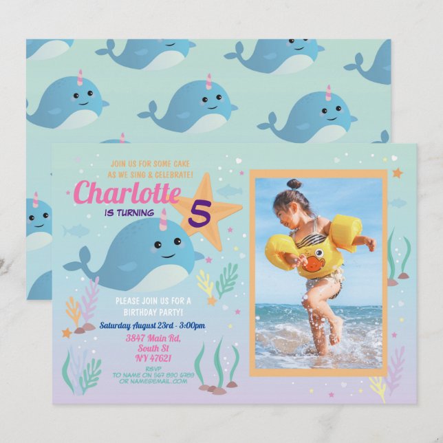 Convites Narwhale Festa de aniversário Piscina Beach Photo  (Frente/Verso)