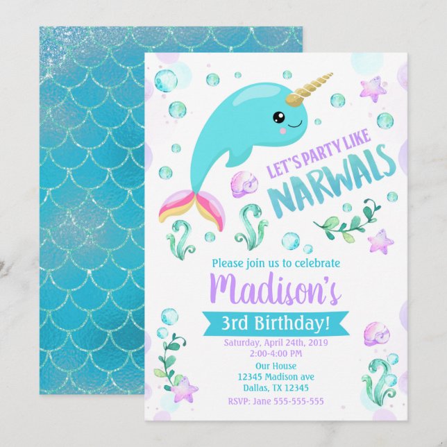 Convites Narwhat Birthday Invitation Magical Party (Frente/Verso)