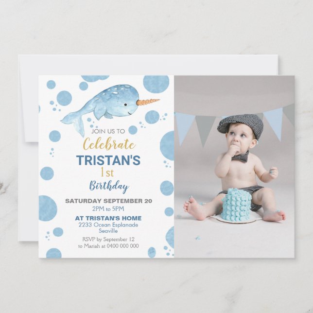 Convites Narwhat Birthday Photo Invitation Boy (Frente)