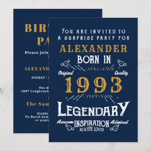 Convites Nascer aniversário de 30 anos 1993 Legenda Dourada