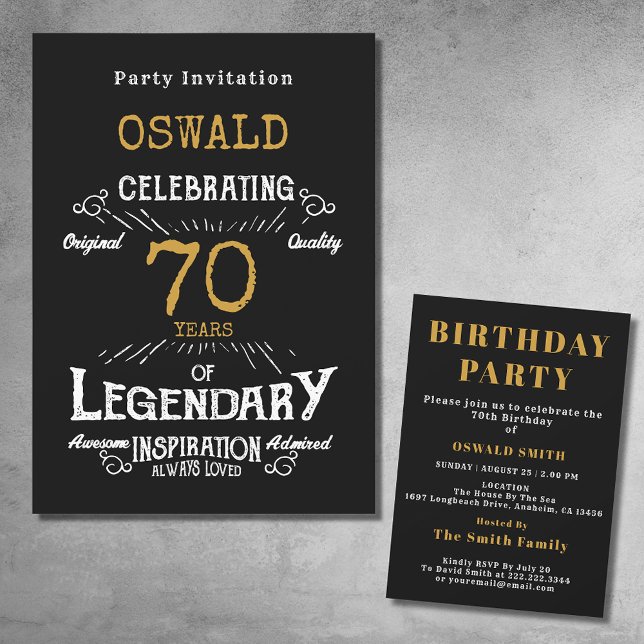 Convites Nascer de Aniversário Legendário Retro Dourado Pre (For those celebrating their 70th birthday we have the ideal birthday party invitation)