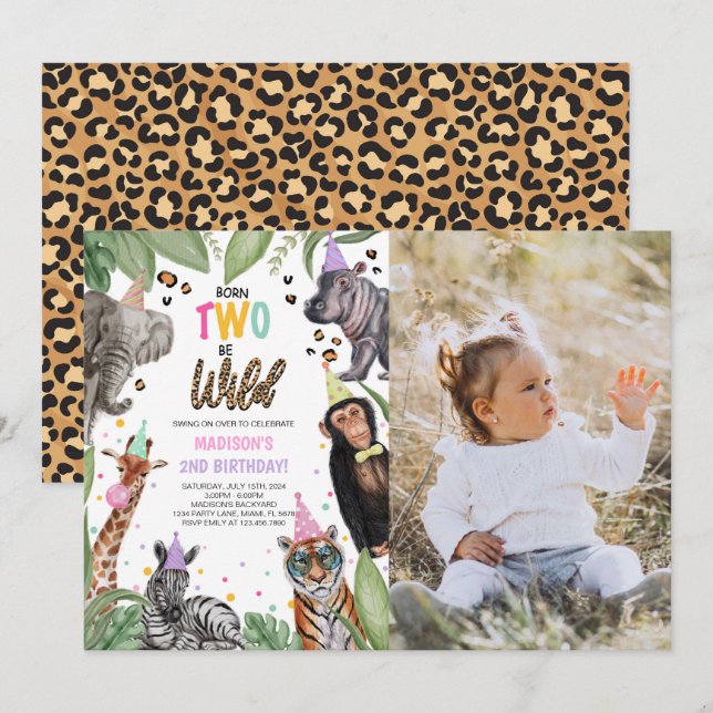 Convites Nascer DOIS: Foto do segundo aniversário Safari Se (Frente/Verso)