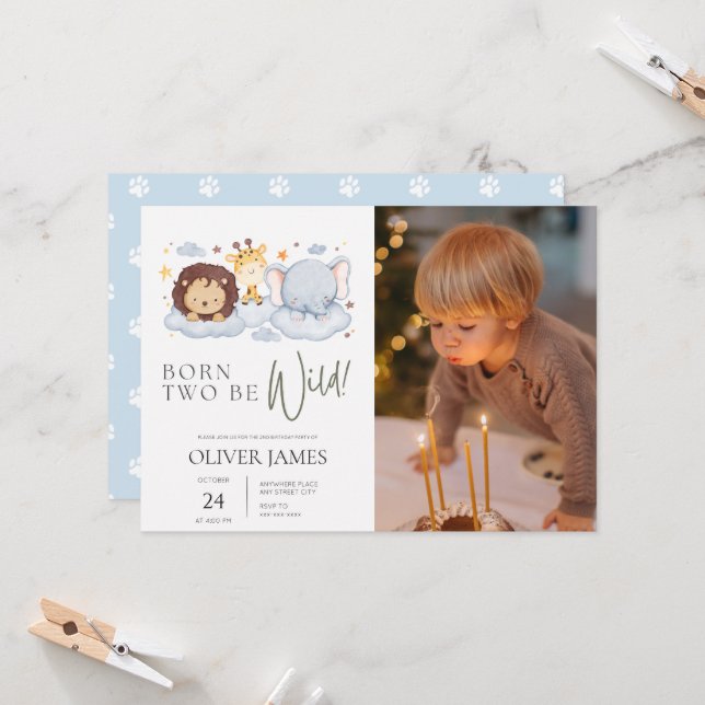 Convites Nascer dois: segundo aniversário de fotos selvagem (Frente/Verso In Situ)