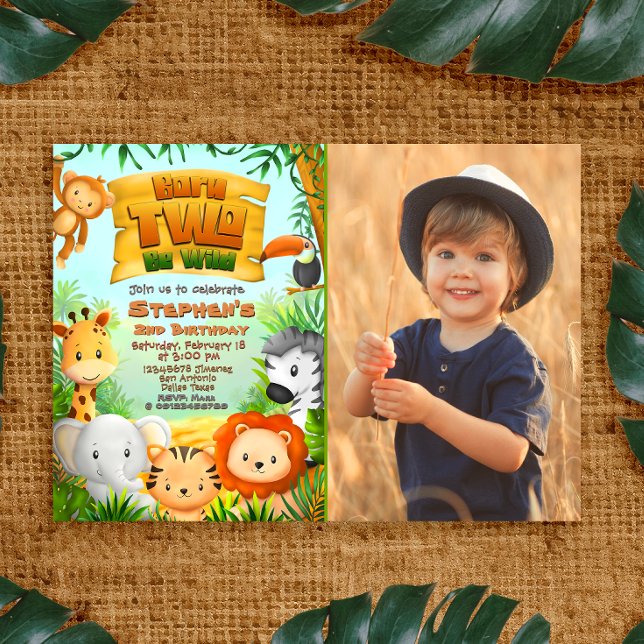 Convites Nascer Dois Ser Selvagem - segundo aniversário Saf (Born Two Be Wild - Safari 2nd Birthday with Photo Invitation)